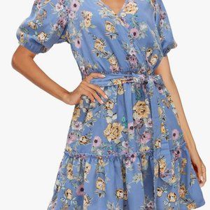 OUGES Women Short Sleeve Wrap Waist V Neck Dress Polka Dot Ruffles Floral Casual